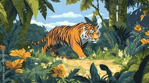 Obraz Tiger ambles through a vibrant jungle.