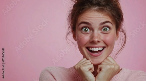 Fototapeta A red-haired woman in a sweater, smiling broadly and making a surprised or playful face against a pink background.