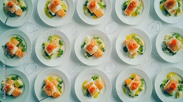 Obraz Beautifully arranged plated salmon dishes with broccoli.