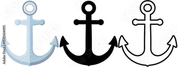 Fototapeta Anchor flat vector in colour, silhouette and outline versions, maritime graphic element
