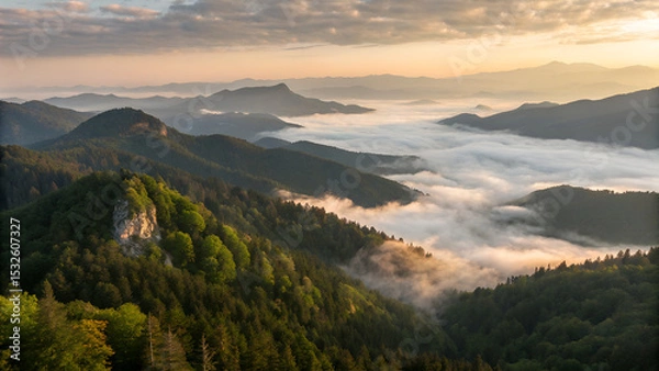 Obraz Aerial view of forested mountain peaks emerging from a thick sea of clouds at sunrise. The soft mist flows between the hills, creating a surreal, dreamlike atmosphere with warm light on the horizon. P