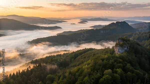 Obraz Aerial view of forested mountain peaks emerging from a thick sea of clouds at sunrise. The soft mist flows between the hills, creating a surreal, dreamlike atmosphere with warm light on the horizon. P