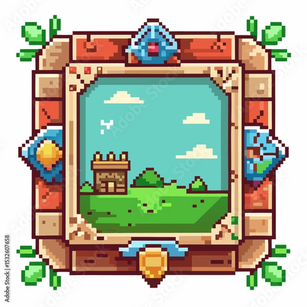 Fototapeta Colorful Pixel Art Landscape with Castle in Retro Game Style