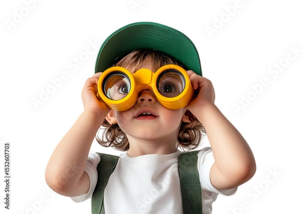 Fototapeta A curious toddler wearing a green cap uses yellow binoculars, isolated on transparent background