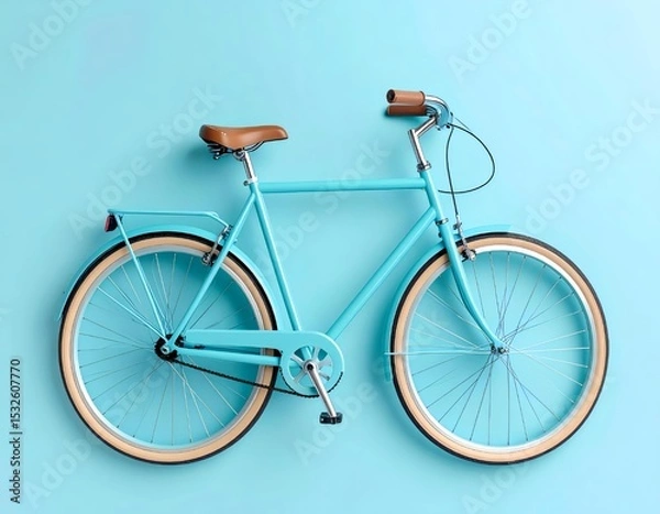 Fototapeta Top-down icon of a simple blue bicycle, placed on soft pastel background, flat lay style, balanced symmetry