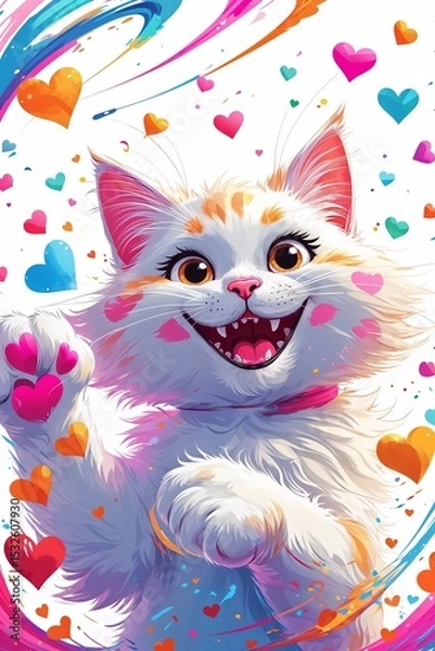 Fototapeta Cheerful Cartoon Cat Surrounded by Hearts and Colorful Swirls, Perfect for Love Themes