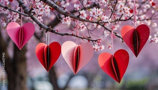 Fototapeta Paper Hearts Hanging from Flowering Tree Branches in Springtime