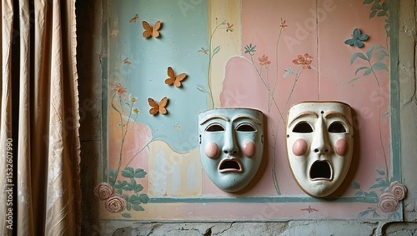 Fototapeta Pair of dramatic theater masks on painted wall with butterflies roses and curtain soft aesthetic