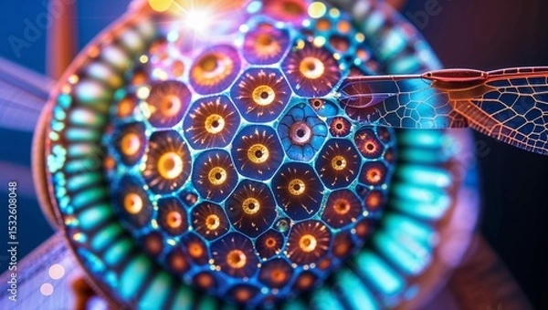 Fototapeta Abstract Dragonfly Eye Macro, Geometric Patterns, Vibrant Colors, Detailed Close-up View