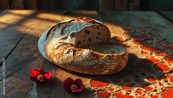 Fototapeta Rustic loaf of sliced sourdough bread on weathered wood with poppies and sunlight.