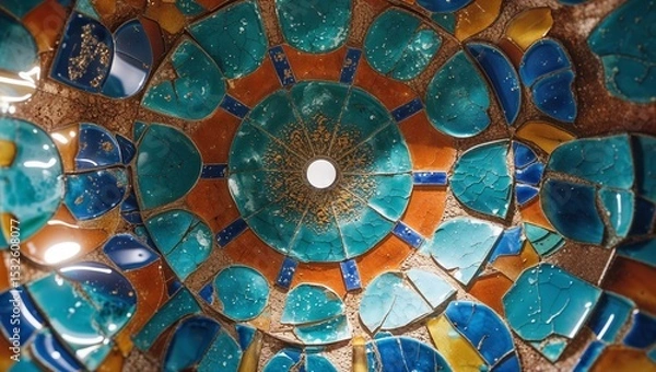Fototapeta Detailed mosaic with vibrant blue, orange, and turquoise tiles in a circular design