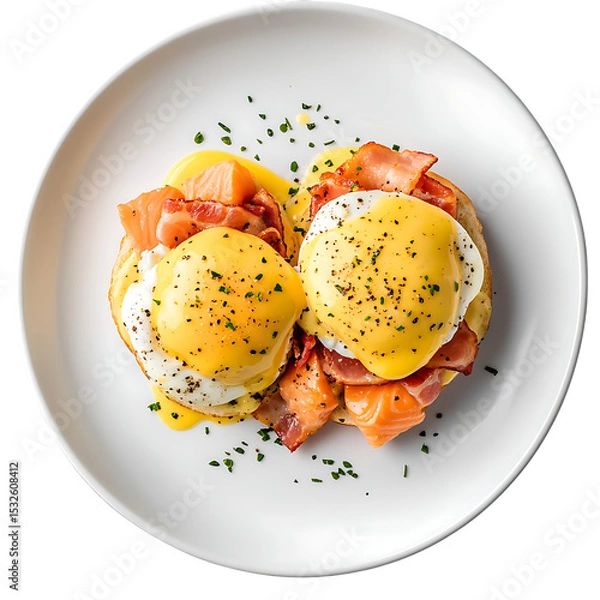 Fototapeta Eggs benedict with smoked salmon and bacon, isolated on transparent background