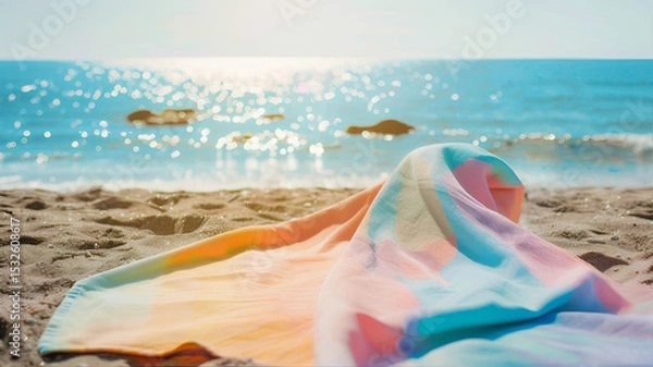 Fototapeta Sunny summer vibes colorful beach umbrella  beach towel, mat under the umbrella with ocean view vacation relaxation resort scenery 