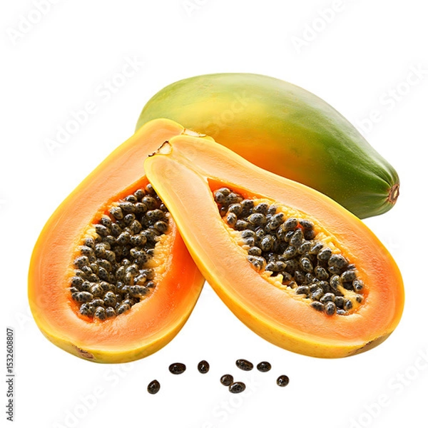 Fototapeta Two halves of a ripe papaya isolated on transparent background