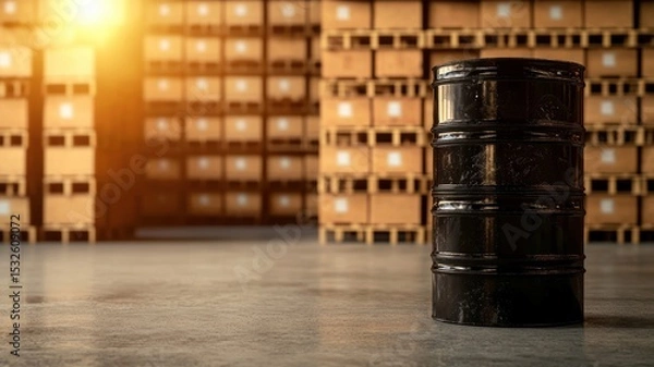 Obraz energy stock oil fossil concept Oil barrel in a warehouse with stacked boxes and warm lighting in the background.