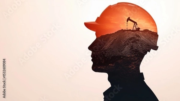 Obraz energy stock oil fossil concept Silhouette of a worker with an oil rig and sunset overlay in a creative design.