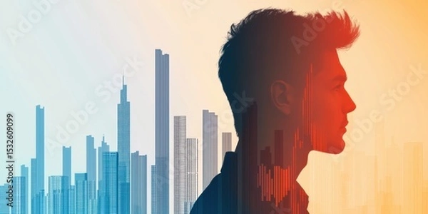 Obraz energy stock oil fossil concept Silhouette of a person against a city skyline, blending human and urban elements.