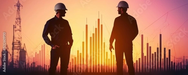 Obraz energy stock oil fossil concept Silhouetted workers with helmets against a colorful backdrop of graphs and structures.