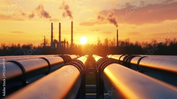 Obraz energy stock oil fossil concept Industrial pipelines leading to a sunset backdrop with smoke stacks in the distance.