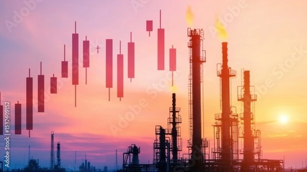 Obraz energy stock oil fossil concept Industrial skyline with graphs illustrating market trends at sunset.