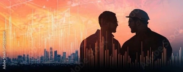 Obraz energy stock oil fossil concept Silhouettes of workers discussing a cityscape at sunset with abstract graphics.