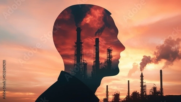 Obraz energy stock oil fossil concept Silhouette of a man's head filled with industrial imagery against a sunset backdrop.