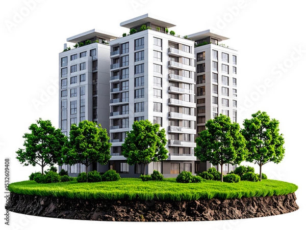 Fototapeta Modern Residential Block with Trees and Lawn on Floating Land, PNG Isolated