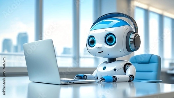 Fototapeta cute artificial intelligence robot with notebook 