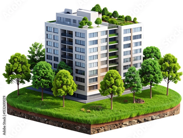 Fototapeta Modern Residential Block with Trees and Lawn on Floating Land, PNG Isolated
