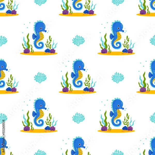 Fototapeta Underwater Seamless Pattern. Cute Sea Seahorse with algae on Seabed