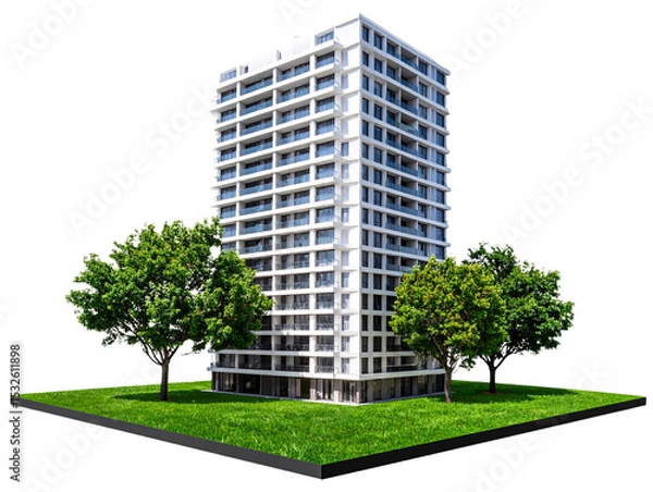 Fototapeta  Urban Apartment Tower on a Patch of Green Land with Trees, Transparent Background