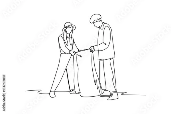 Fototapeta Simple continuous line draw of social action of men and women cleaning up rubbish. Social activities minimalist concept. Simple line. Social care.