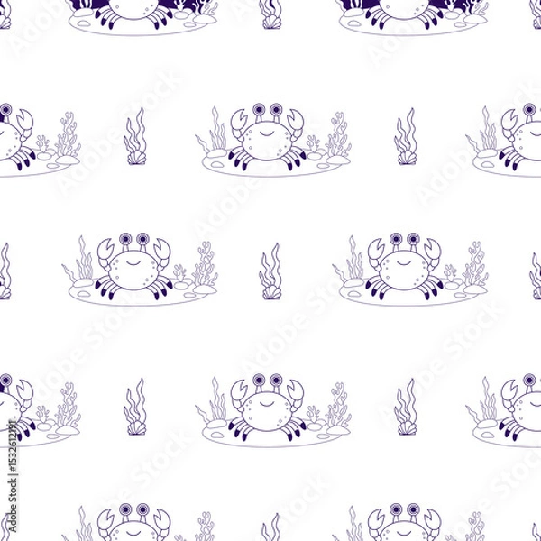 Fototapeta Sea Seamless Pattern. Outline Cute Crab with Algae, Seabed. Line drawing
