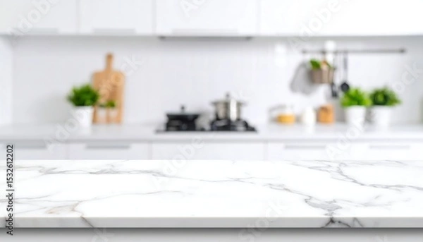 Obraz A minimalist kitchen backdrop showcases a marble countertop and blurred kitchen appliances.