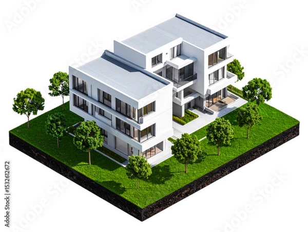 Fototapeta Apartment Building on a Green Landscape with Trees, Transparent  