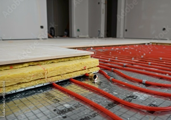 Fototapeta Installation of underfloor heating system with red pipes and insulation layers during modern home construction