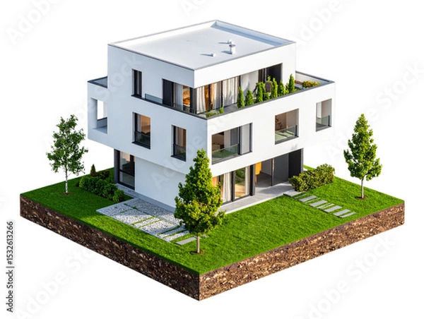 Fototapeta Apartment Building on a Green Landscape with Trees, Transparent  