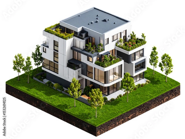 Fototapeta Apartment Building on a Green Landscape with Trees, Transparent