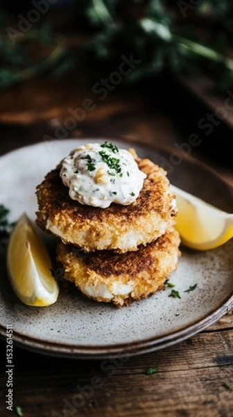 Fototapeta Crispy crab cakes served with lemon slices on a rustic plate  