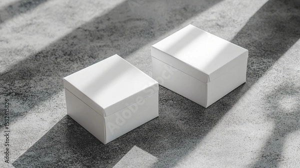 Fototapeta Minimalist white geometric boxes casting soft shadows on a textured gray surface, exploring light, form, and spatial relationships in monochromatic design