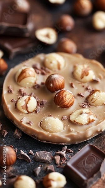 Fototapeta Deliciously crafted chocolate disc topped with crunchy hazelnuts and delicate cocoa shavings, perfect for satisfying your sweet cravings and enhancing dessert presentations.