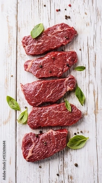 Fototapeta Fresh raw beef steaks with marbling arranged artfully on rustic white wooden surface, garnished with green basil leaves and scattered peppercorns