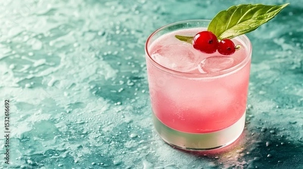 Fototapeta Refreshing pink cocktail with ice and fresh basil leaves, garnished with vibrant red cherries, set against a cool aqua background, perfect for summer celebrations and parties.