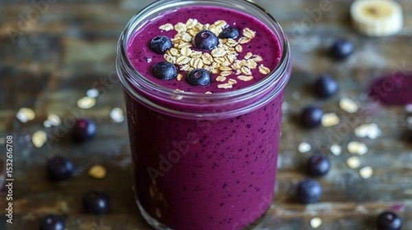 Fototapeta Fresh and vibrant berry smoothie topped with oats and blueberries in a glass jar against a rustic wooden backdrop, perfect for healthy lifestyle and nutritious food lovers.