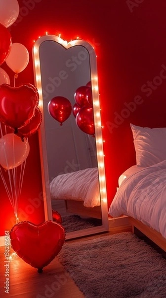 Fototapeta Romantic bedroom scene with illuminated heart-shaped mirror, red balloons, and soft lighting creating an intimate Valentine's Day atmosphere of love and passion