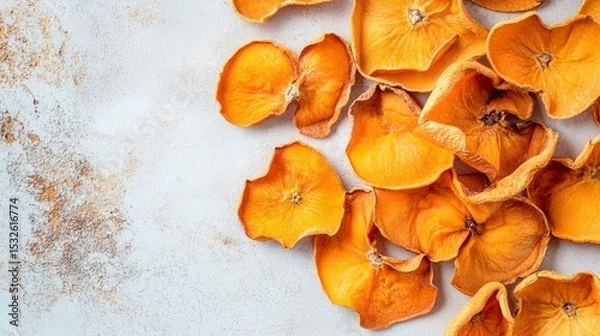 Fototapeta Vibrant dried persimmon slices artfully arranged on a light textured background, showcasing the fruit's rich golden-orange hues and delicate translucent texture.