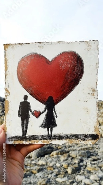 Fototapeta A romantic illustration captures a couple holding hands, united by a giant heart above them, symbolizing love and connection in a beautiful outdoor setting.