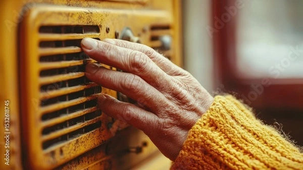 Obraz Aged hand adjusting a vintage ventilation grille.