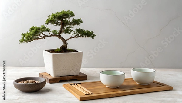 Obraz Minimalist composition with a bonsai tree and ceramic bowls arranged on the left side of a clean white surface, leaving empty copy space on the right. Ideal for product mockups, branding, and interior