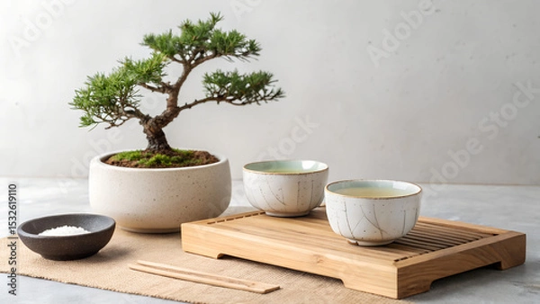 Obraz Minimalist composition with a bonsai tree and ceramic bowls arranged on the left side of a clean white surface, leaving empty copy space on the right. Ideal for product mockups, branding, and interior